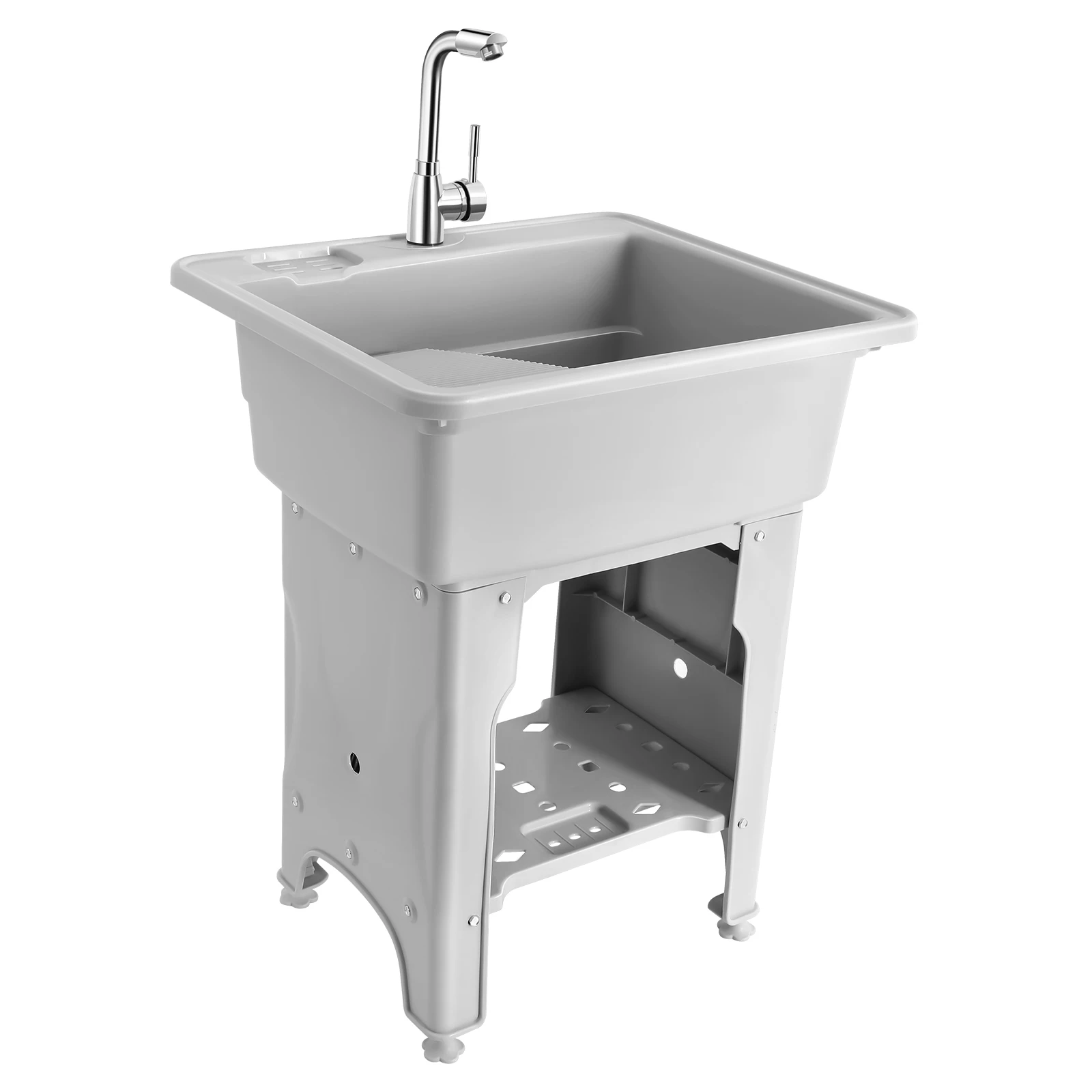 Freestanding Plastic Laundry Sink with Washboard with Cold and Hot Water Faucet Hoses for Laundry Room Garage or Shop