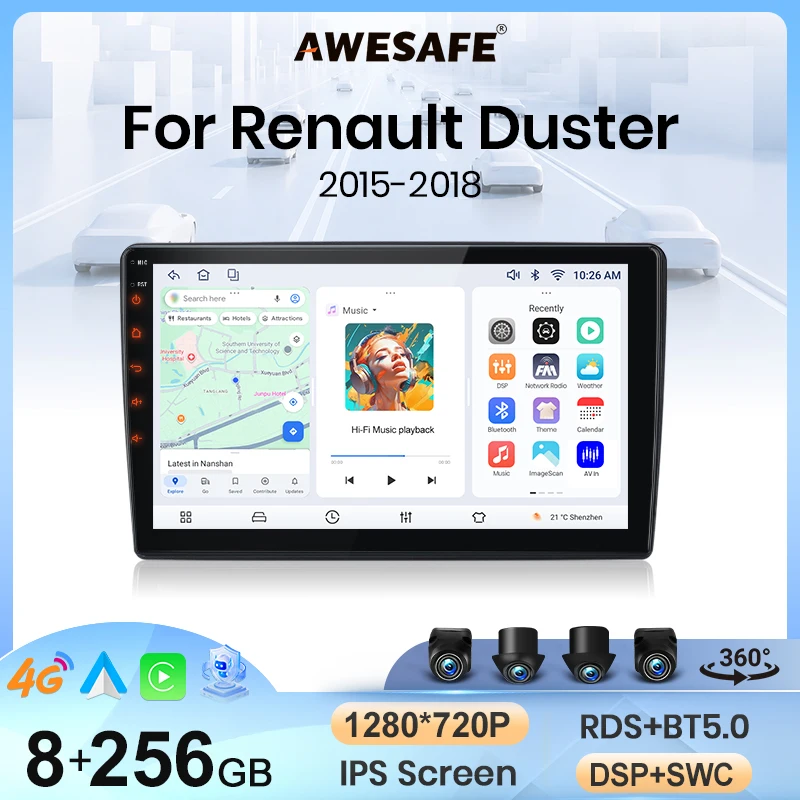 Radio de coche inalámbrico AWESAFE con CarPlay y Android Auto para Renault Dacia Duster 2015-2020, estéreo multimedia 2 DIN con ventilador de refrigeración integrado, sistemas inteligentes, pantalla táctil, reproductor de vídeo, unidad principal, autorradio, navegación, Bluetooth, GPS, SWC, 4G, WIFI, RDS, FM, DSP 1