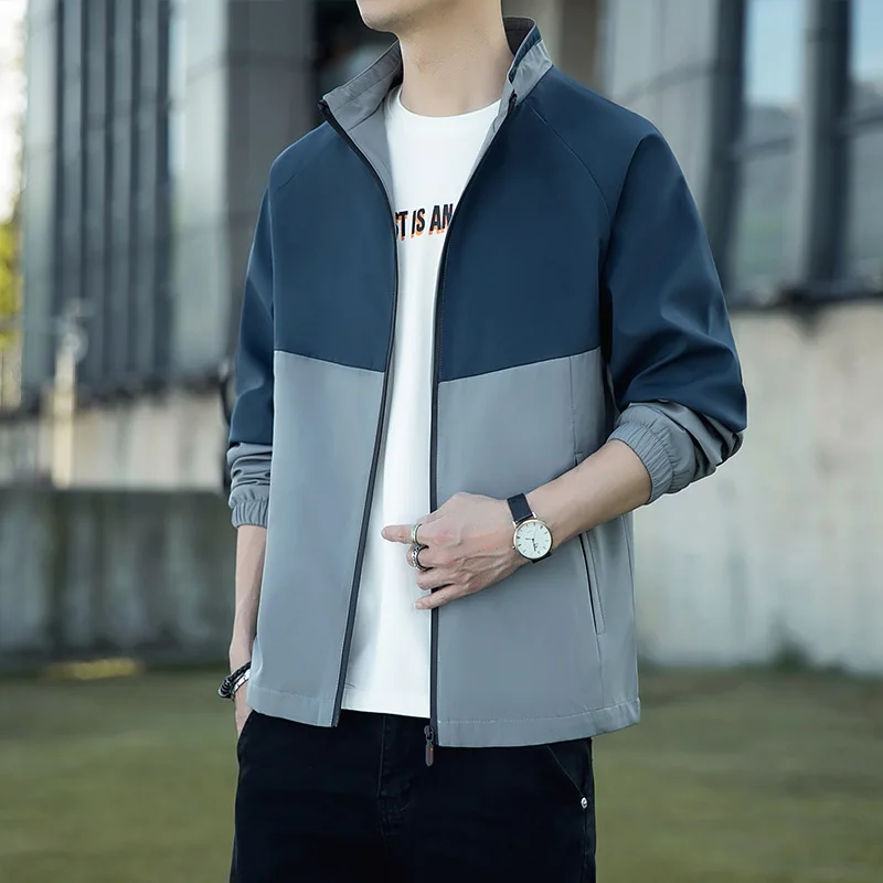 Spring Autumn Men's Long Sleeve Standing Neck Jacket Fashion Color Matching Casual Versatile Top Slim Fitting Sport Coat