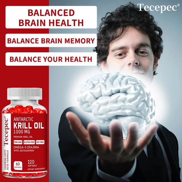 Antarctic Krill Oil 1000 Mg with Omega-3 EPA, DHA, Astaxanthin and Phospholipids for Heart, Brain and Skin Health Support