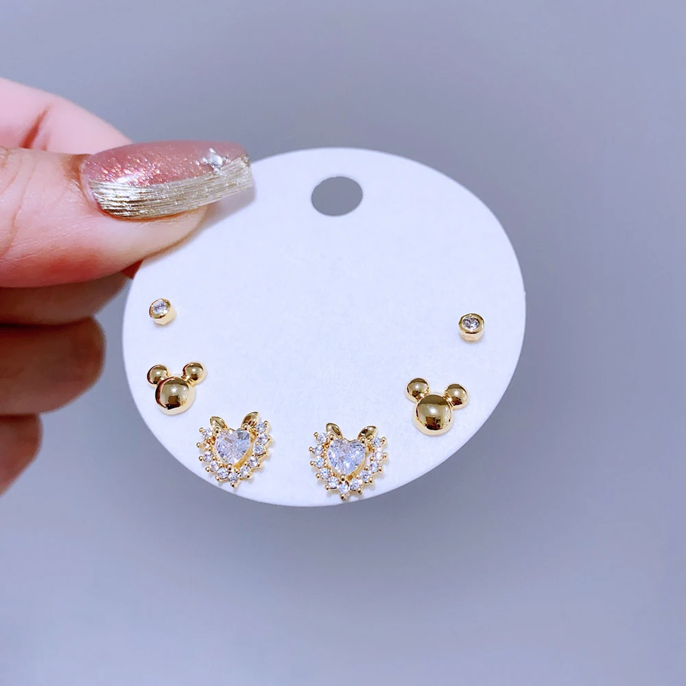 High End 3 Pairs Cubic Zircon Crystal Heart Stud Earrings Set Gold Plated Korean Style Women Gift Jewelry 3