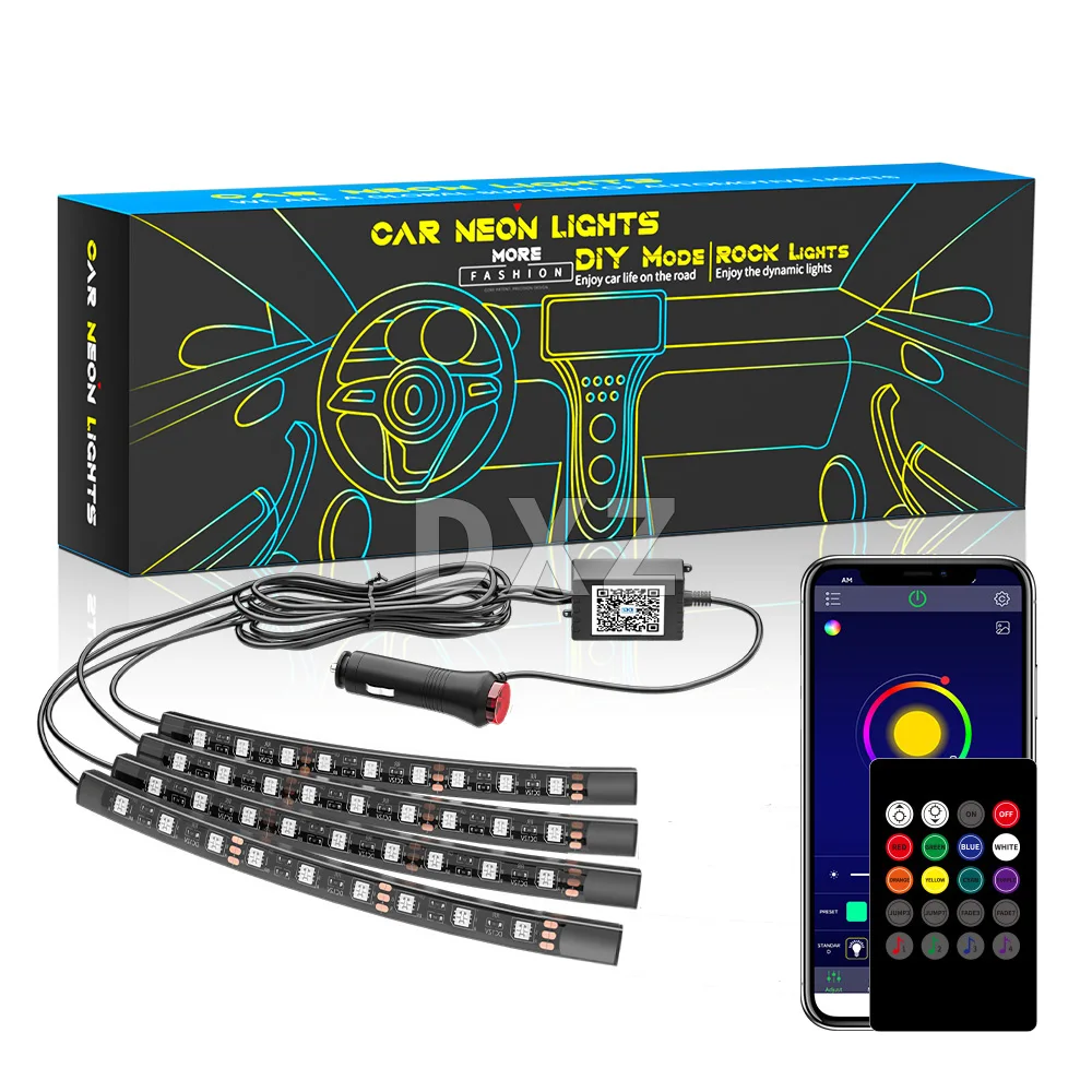 

DXZ 4 in 1 Car Interior Neon RGB Led Strip Light 9SMD Wireless App Remote Music Control Decorative Atmosphere Lamp USB Cigarette
