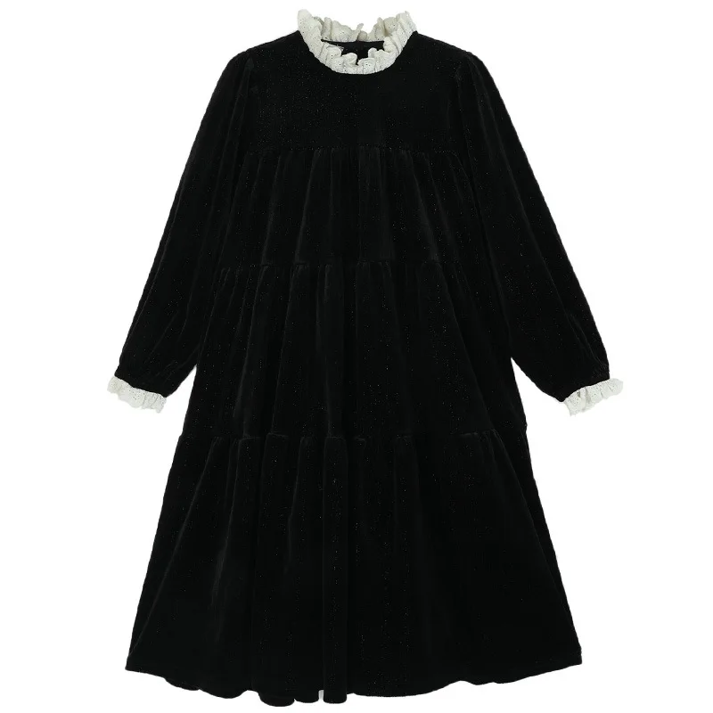 

Long Velvet Dress Children Clothing Teen Girls Velour Dresses Long Sleeve Black Clothes 2024 Autumn Spring New Lace Collar Soft