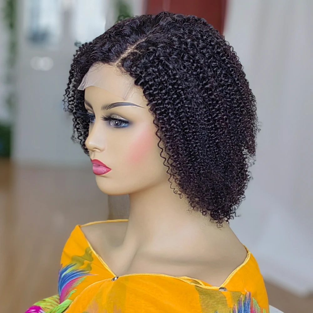 Parrucca in pizzo con chiusura 4x4 riccia Jerry 4C Kinky Edges, parte laterale, 100% capelli umani, pre-pizzicata, parrucca frontale in pizzo corto_voghion.com