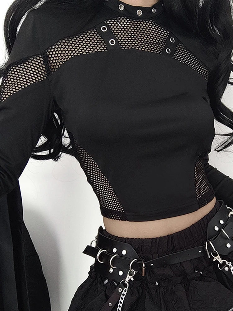 AltGoth Dark Punk Cyber T-shirt Women Gothic Streetwear Mesh Patchwork Long Sleeve O-neck Crop Tee Tops Harajuku Sexy Clothes 6