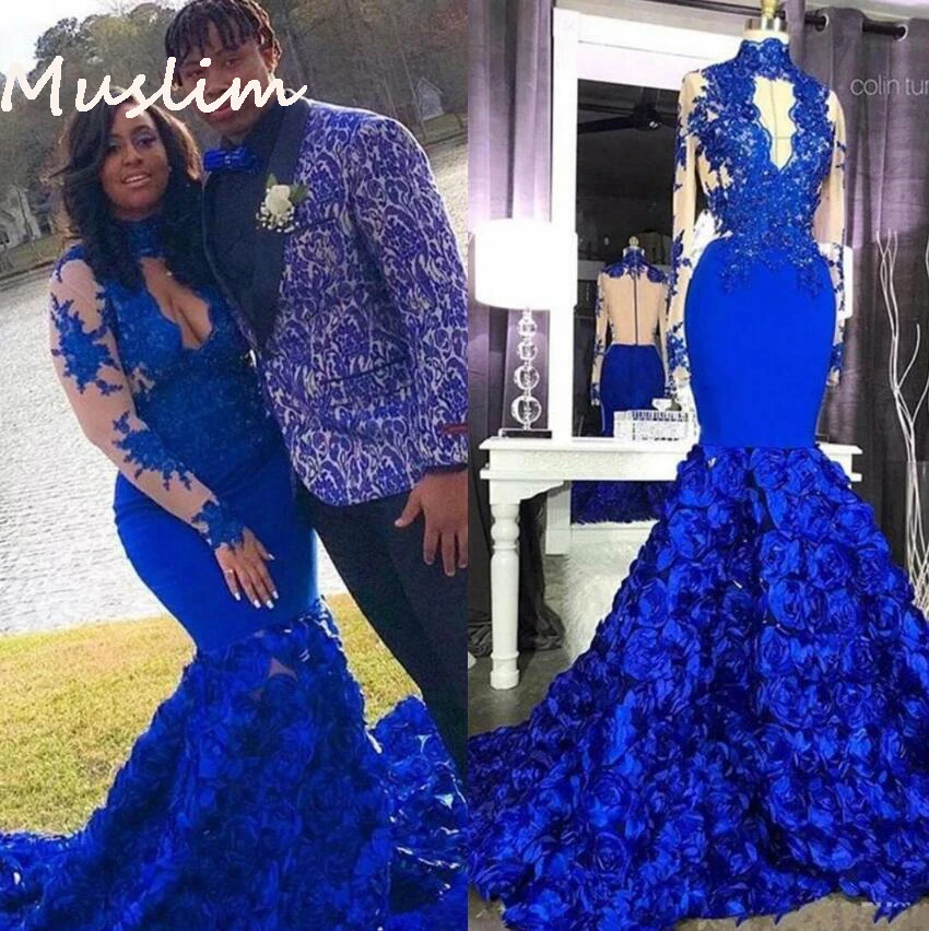 Plus Size Royal Blue Mermaid Prom Dresses For Black Girls Keyhole Neck Long Sleeve African Evening Gowns 2022 3D Florals Dress princess prom dresses