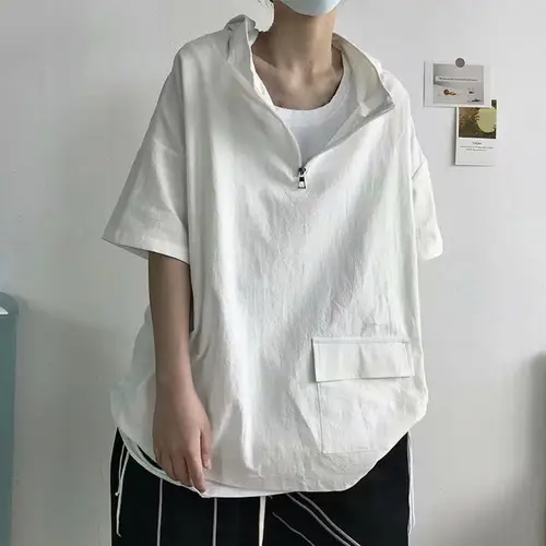 남성용 반팔 후드 스웻셔츠, 솔리드 루즈 지퍼, 지퍼 업 포켓 힙합, 하라주쿠 후드, 풀오버, 여름 패션 4