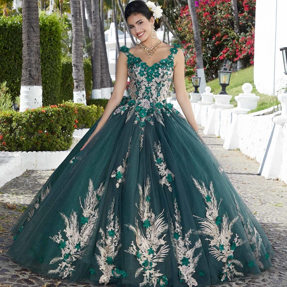 

EVLAST Glitter Emerald Green Quinceanera Dress Ball Gown 3D Floral Applique Beaded With Cape Sweet 16 Vestidos De XV Anos TQD131