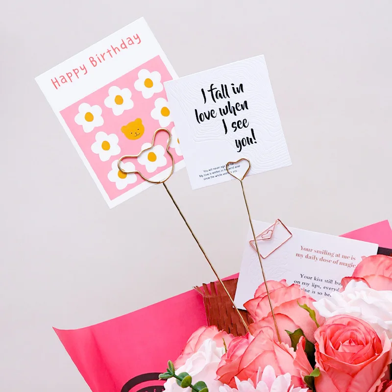 New Floral Greeting Card Holder Stick Flower Bouquet Cake Card Stick Clips Heart Round Shape for Wedding Party Wrapping Supplies