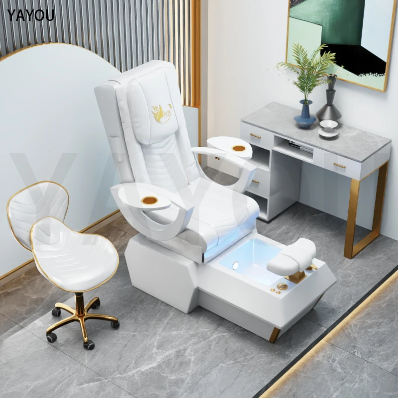Pedicure Chair, Luxurious White Leather Massage Foot Therapy, Spa Massage Chair, Nail Salon Beauty Furniture