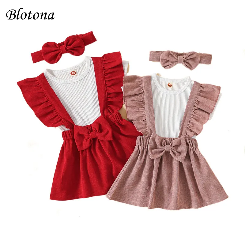 

Детские Дизайнерские комплекты Blotona, комбинезон в рубчик с коротким рукавом + однотонная Вельветовая юбка на бретелях + повязка на голову 0-18 месяцев