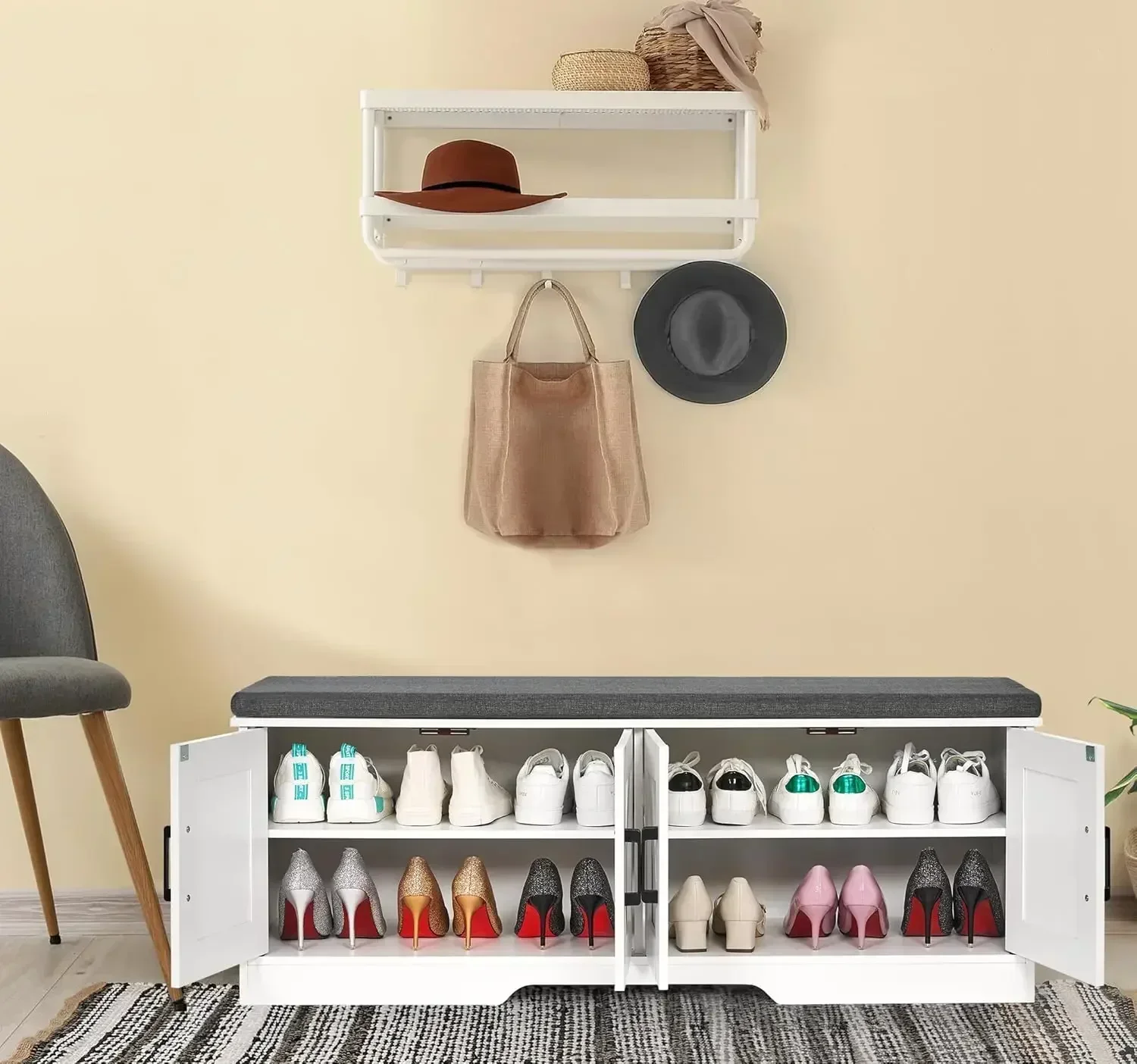 New2025-2-Tier Storage Bench, Shoe Bench with Padded Seat Cushion, Entryway Bench with 2 Barn Doors, Adjustable Shelf