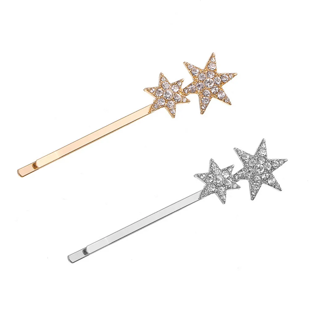 2Pcs 튼튼한 금속 크리스탈 스타 헤어 클립 여성 세련된 우아한 선물 라인스톤 펜타그램 바비 핀 스타 헤어 액세서리