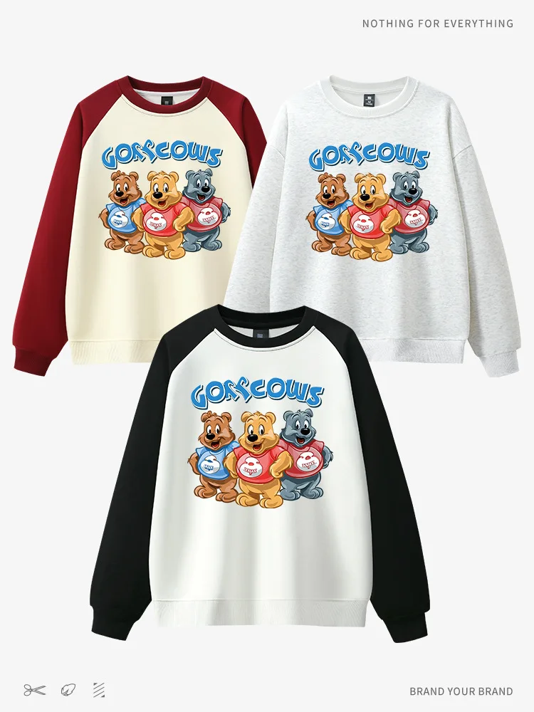CGC Korean Fashion Cartoon Bear Print Women Sweatshirts Spring Casual O-Neck Loose Hoodies High Quality Pure Cotton Pullovers