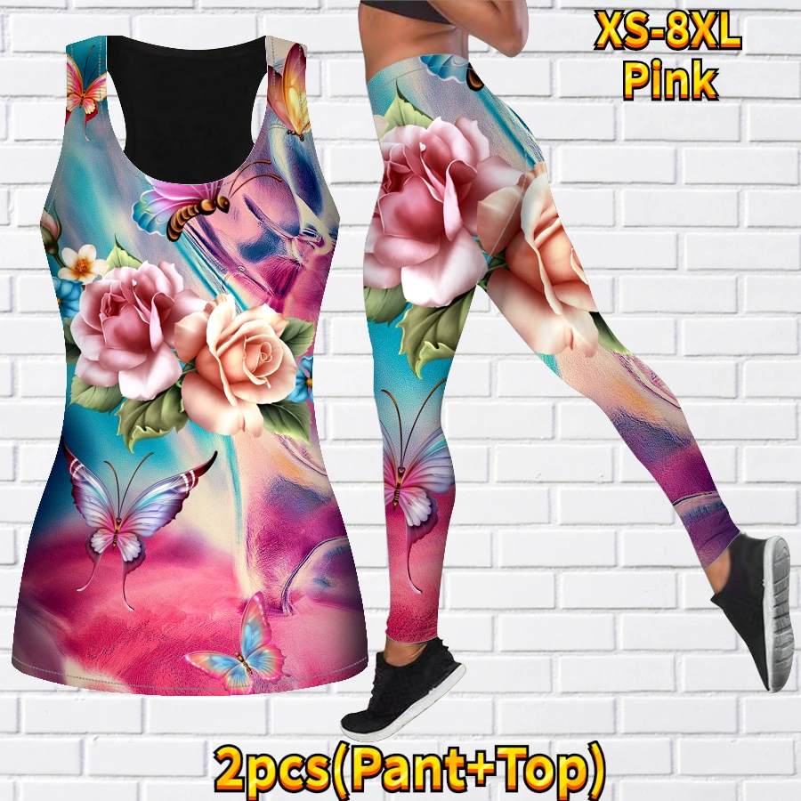 Women\'s 3D Colorful Flower Print Yoga Tank Top Set Fashion Sports Sleeveless Tank Top Pants Set Two Piece Set XS-8XL