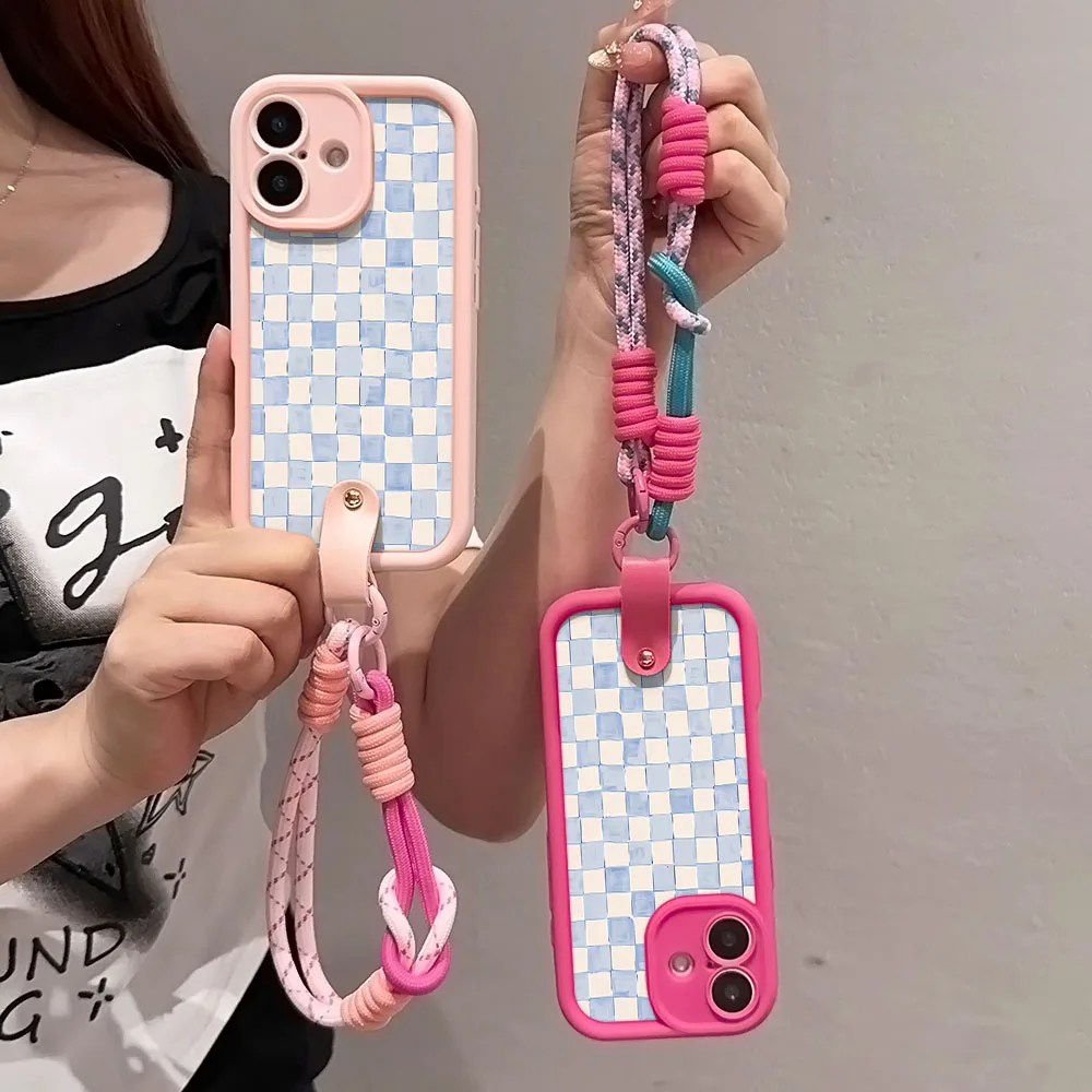 Watercolor Grid Checkered Lanyard Phone Strap Case