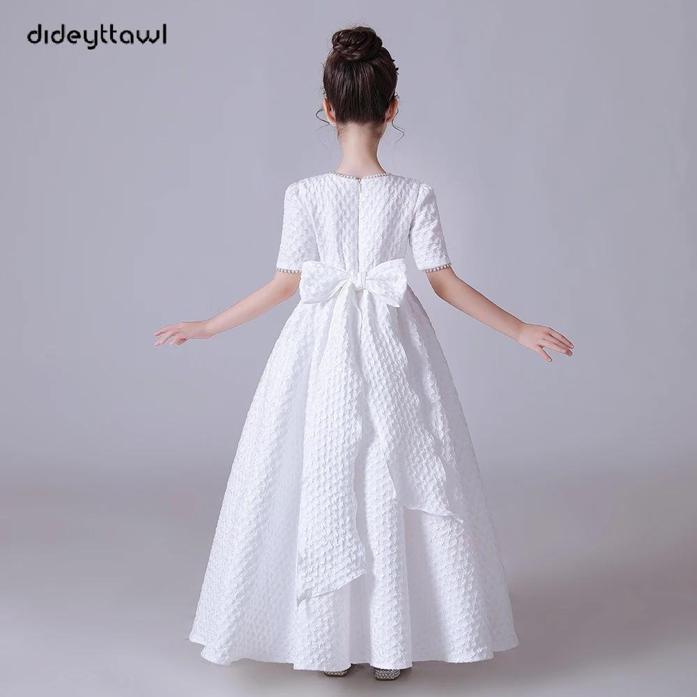 Dideyttawl White Puff Skirt Elegant Flower Girls Dress For Wedding Party Short Sleeves Concert Junior Bridesmaid Gown