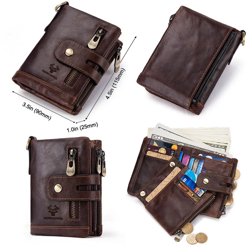 KAVIS RFID Genuine Cowhide Leather Wallet With Coin Pocket For Men Money Card Holder Purse Short Casual Zipper Bifold 5