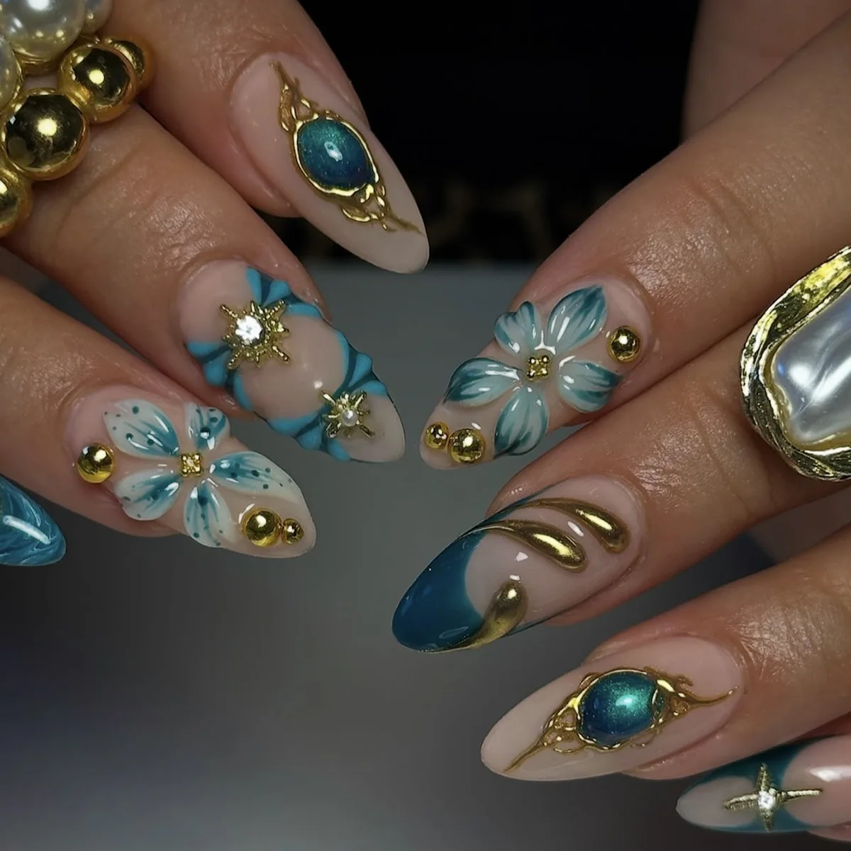 24PCS Pink Almond Press-On Nails with 3D Floral Design and Golden Pearl Accent