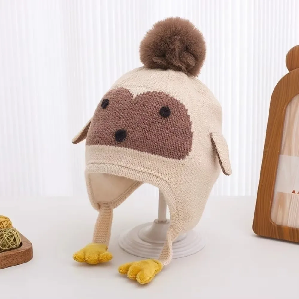 Kawaii Cartoon Beanie Caps Thickened Coldproof Winter Pullover Hats Strap Design Keep Warm Baby Ear Protection Hat