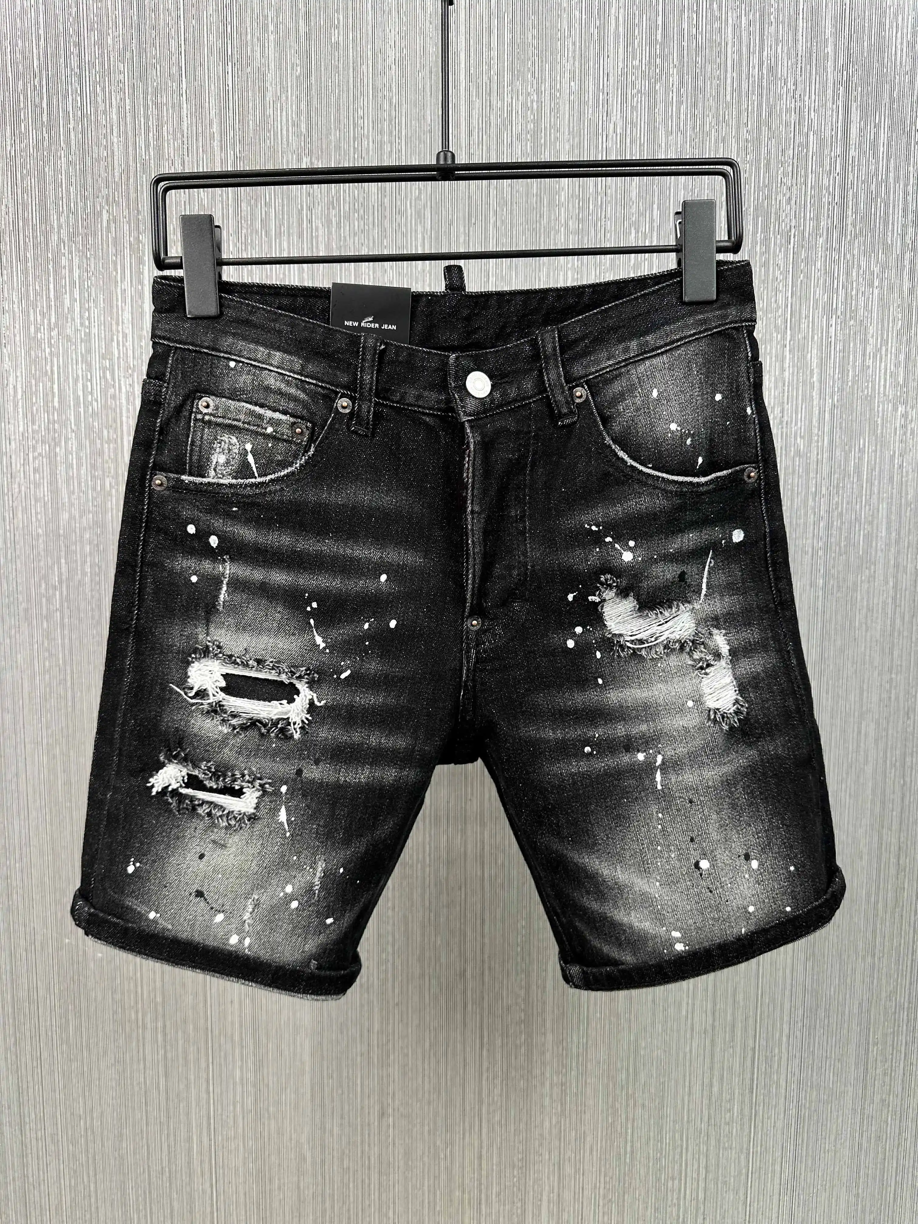 

2023 New Men Dark Denim Scratched Ripped Shorts Fashion Short Jeans D18-1#