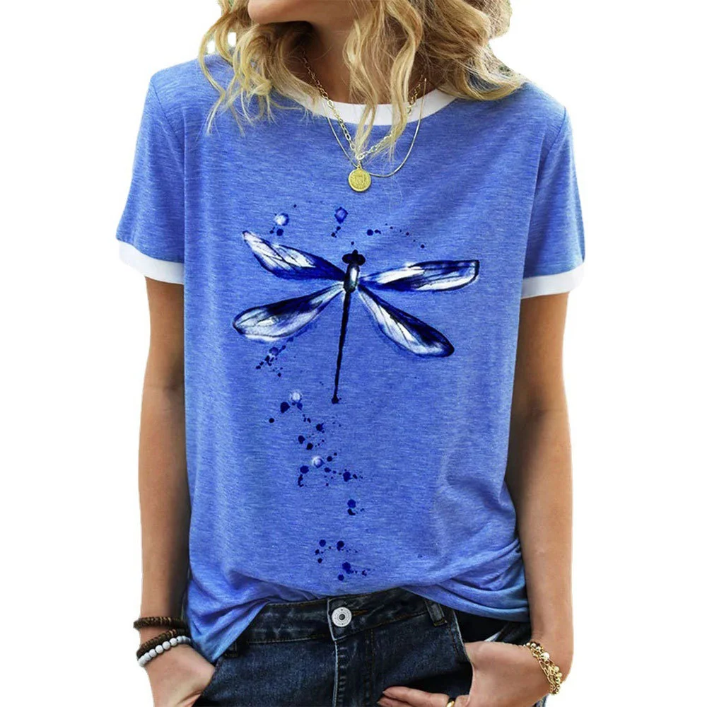 

2022 Summer Women Dragonfly Pattern Print T-Shirt Vintage O Neck Short Sleeve Tops Ladies Casual Loose Pullovers Female Tshirt