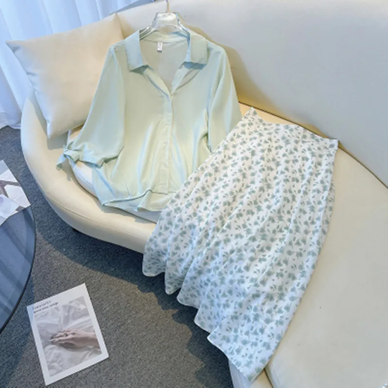 

2023 New Summer Korean Women's Suits Single Breasted Chiffon Shirt Tops + High Waist Floral Half Skirt 2 Piece Set Fresh Outfits