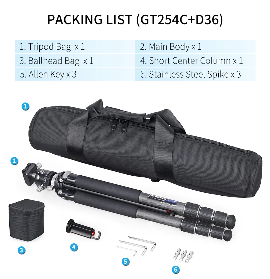 GT254C Carbon Fiber Tripod Camera Tripod Professional Compact Portable Stand wit