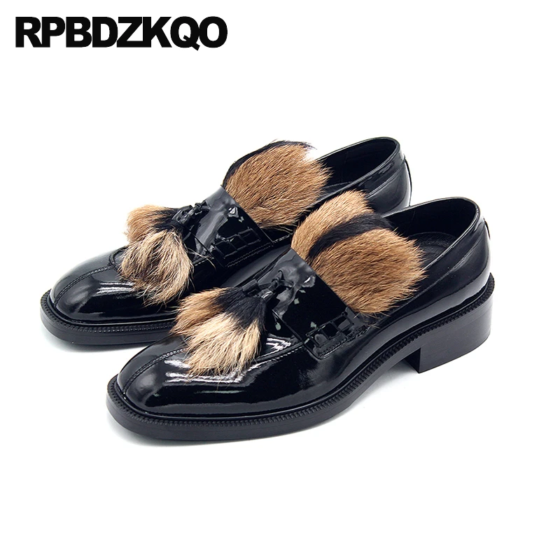 

45 Small Size Big Fluffy Loafers Men Fur Custom Slip On Square Toe Patent Leather Fuzzy Flats Cow Tassel Mink Fringe Shoes Dress