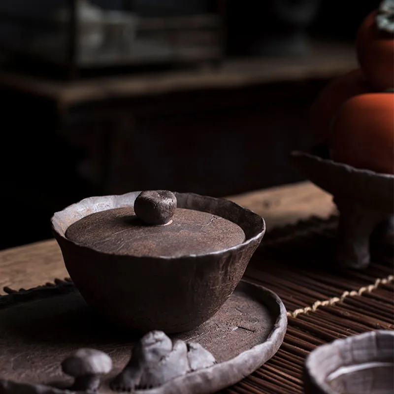 Japanese Art Retro Stoneware Covered Bowl Ceramic Single Large Home Office Tea Bowl Hand Grab Pot Modern Tea Making Accessories
