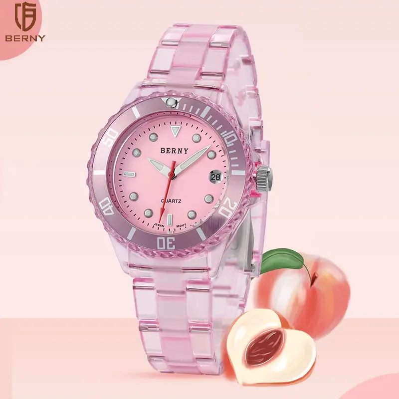 BERNY Quartz Watch Girls Fashion Quartz Wristwatch 3ATM Waterproof Ladies Watches translucent crystal pink peach