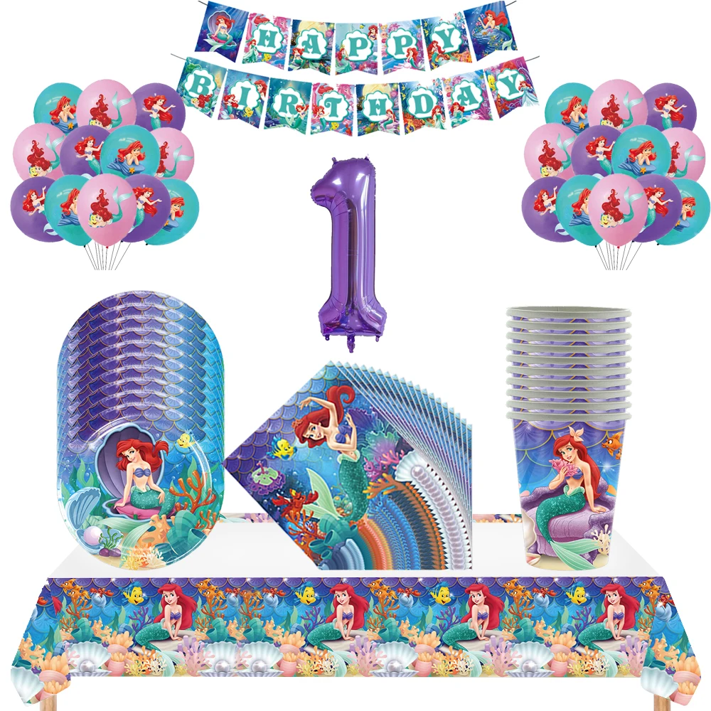 Disney The Little Mermaid Birthday Set Di Stoviglie Girl Favors Toy Gifts Cup Plate Tovaglia Balloon Accessori Per Feste Forniture