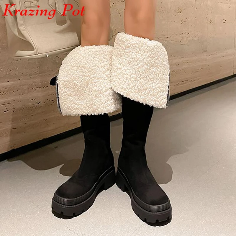 

Krazing Pot Flock Wool Fur Round Toe Thick Med Heel Riding Snow Platform Boots Winter Keep Warm Metal Buckle Over-the-knee Boots