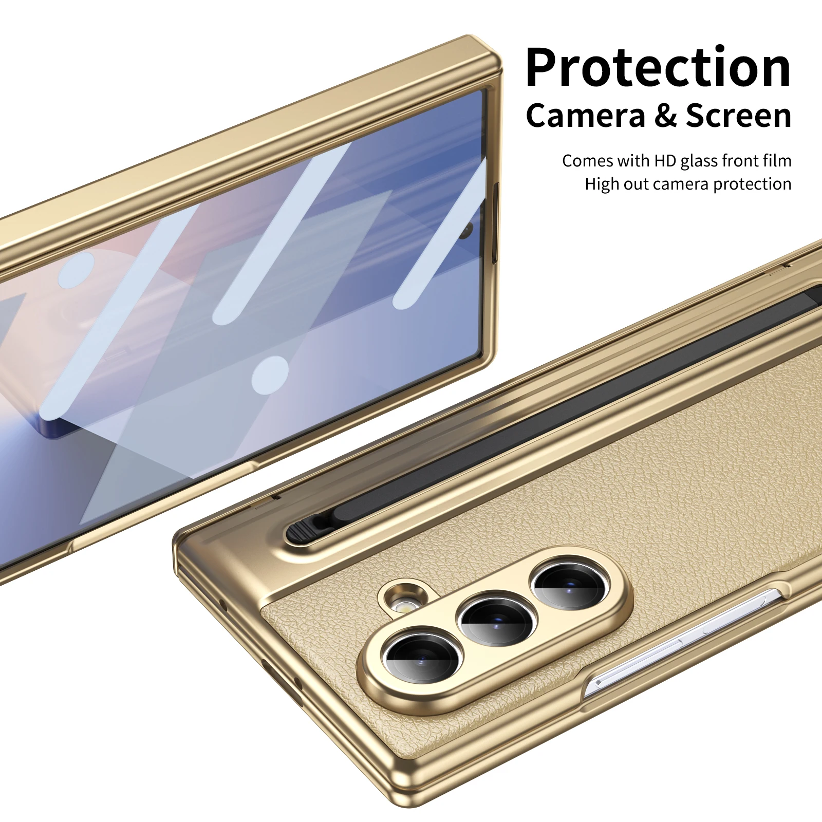 360° Folding Flap Leather Phone Case with Pen Groove & Tempered Glass Film, Drop Resistant Design