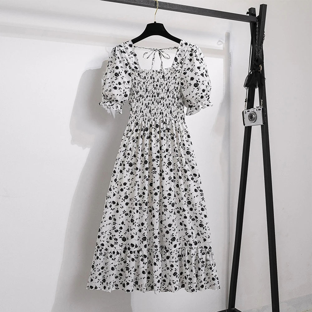 

Summer Chiffon Dresses Fashion Female Elastic Waist Short Sleeve Pleated Casual Dress Women A-line Dresses Vestidos