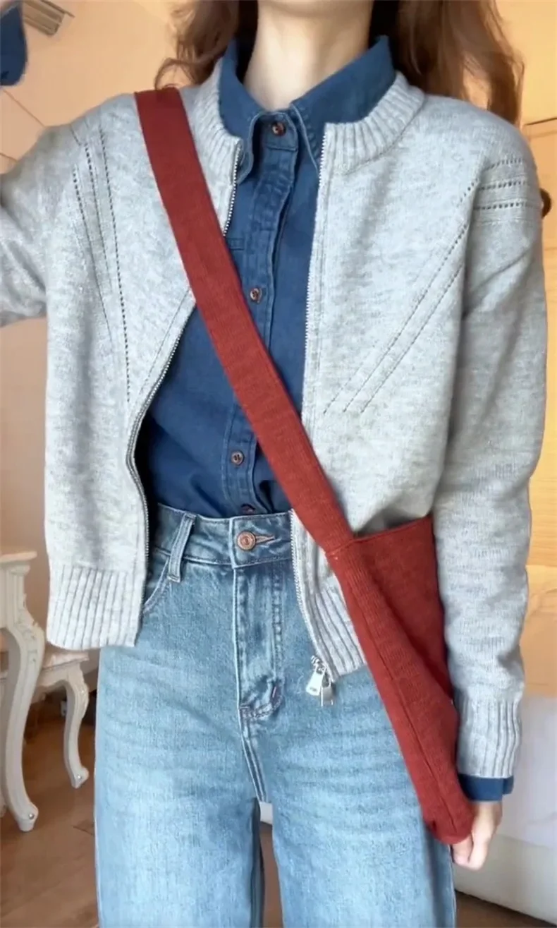 

Grey O-neck Sweater Knitting Women Cardigan Fashion Solid Color Chicly Zipper Slim Basic Simple Casual Female Cardigan