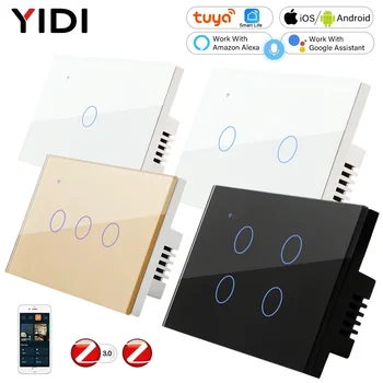 Tuya ZigBee 3 0 Smart Life หน้าจอสัมผัสไร้สายสวิตช์ไฟผนัง LED On Off USA US AU ไม่มี Neutral 4 Gang 2 Two Way Alexa 1