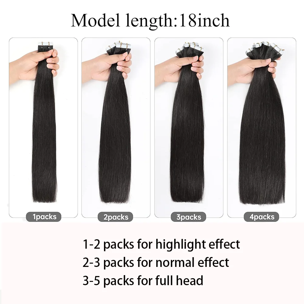 Tape In Straight Human Hair Extensions Natural Black Brazilian 100% Real Human Hair Extension Skin Weft Adhesive Invisible 20Pcs