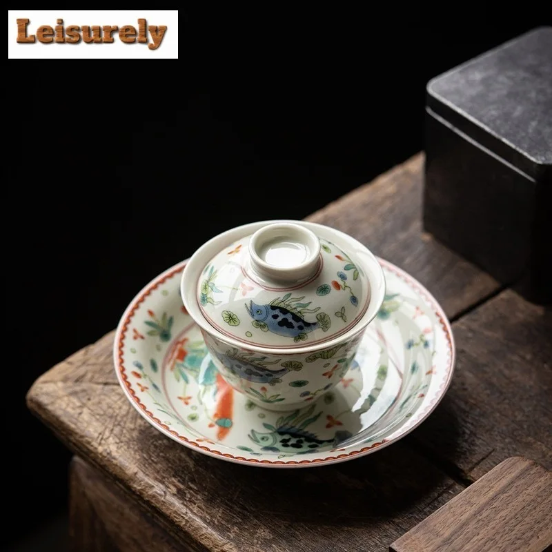 Antique Blue And White Three Talent Gaiwan Vintage Porcelain Bowls Tea Tureen Tea Making Cover Bowl Gong Fu Teaware Decoration