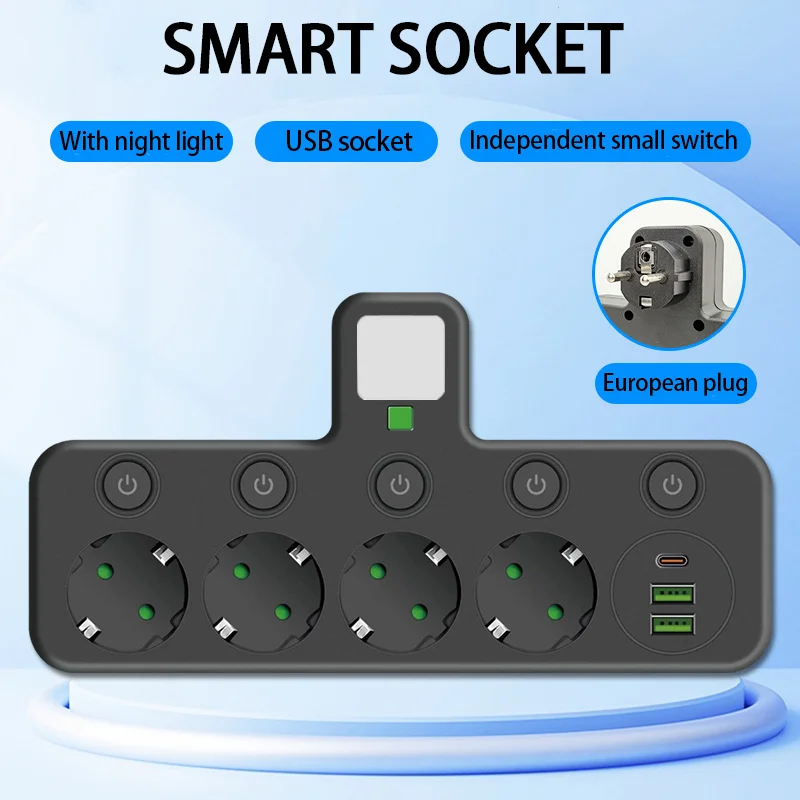 European Power Strip with USB & Type-C Ports, Independent Switch, and Night Light