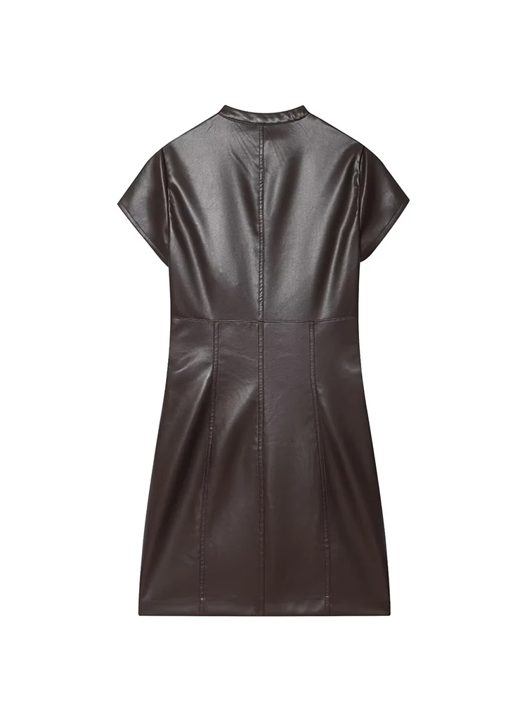 New Women's Faux Leather Mini Dress Sexy Slimming PU Leather Zipper Short Sleeve Dress Solid Color Ladies Party Club Dress