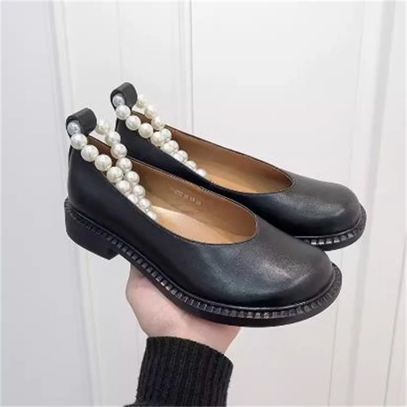 

Pearls Shoes for Ladies Round Toes Women Low Heels Mary Janes Chain Chassure Femme Ankle Strap Female Sewing Lines Zapatos Mujer