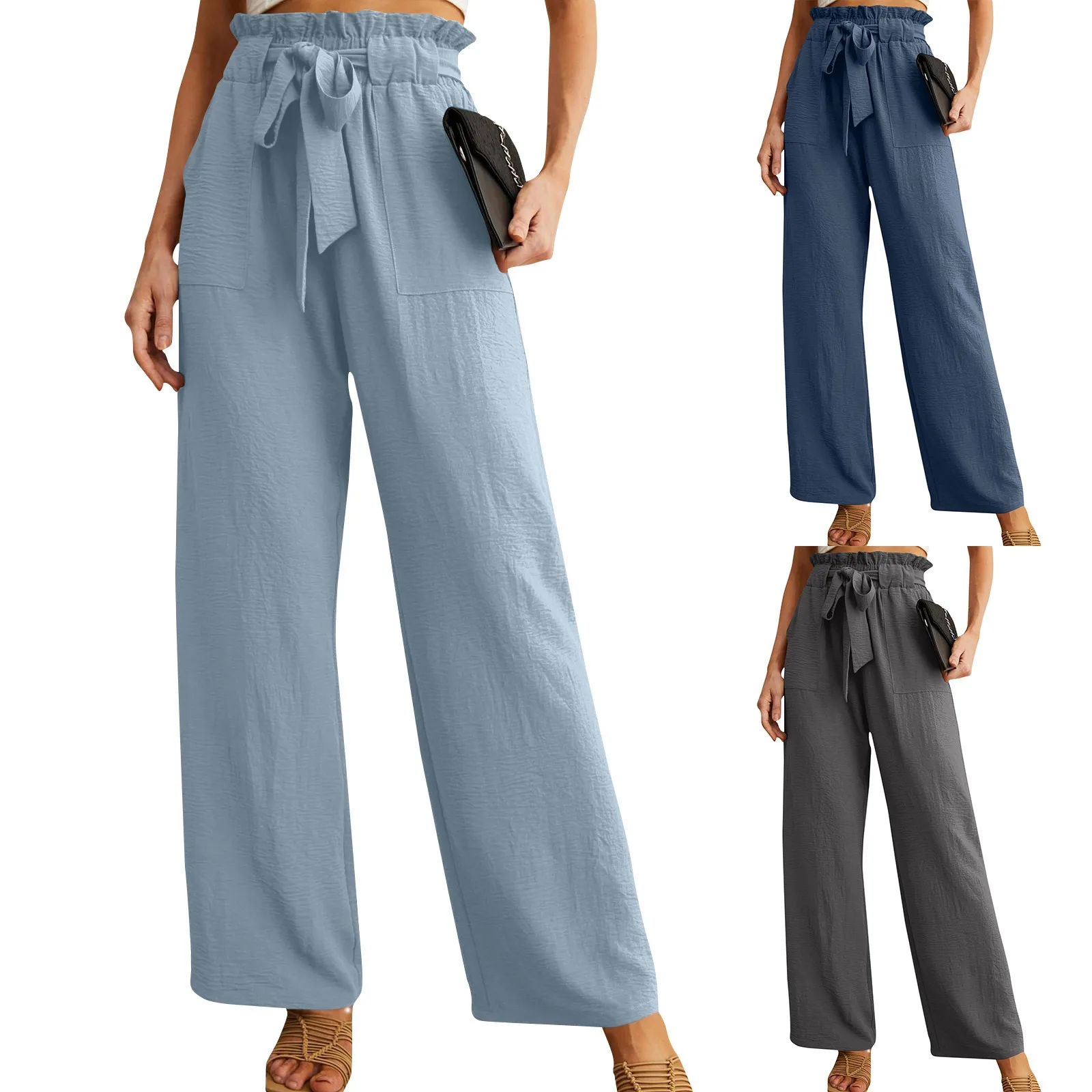 

Women'S Casual Wide Leg Pants With Pockets Elastic High Waist Loose Pants Summer Simple Solid Daily Commute Comfy Cool Pants