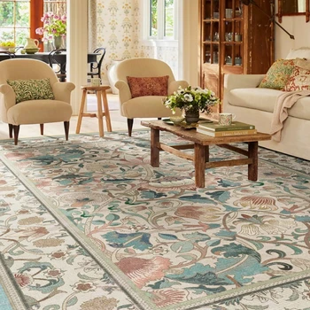 French-Style Green Floral Branch Area Rug – Non-Slip & Washable 1