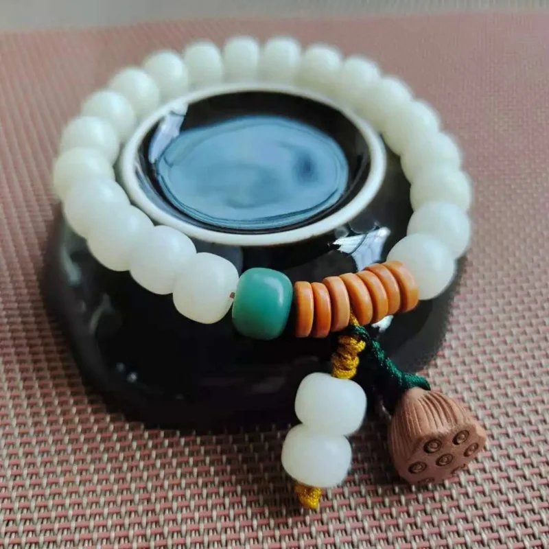 

Fashion White Jade Bodhi Root Bracelet Barrel Beads, Men's and Women's Gifts High-end Jewelry