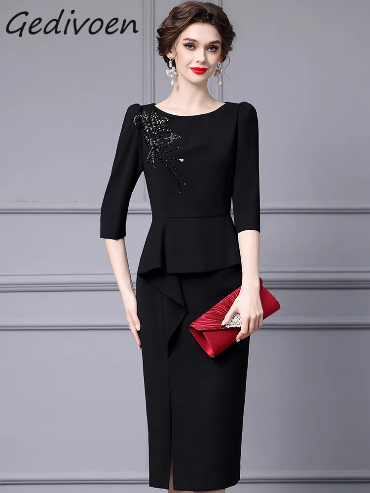 

Gedivoen Autumn Fashion Designer Black Luxury Dress Women's O Neck Diamond Beading Ruffles Package Buttocks Slit Slim Long Dress