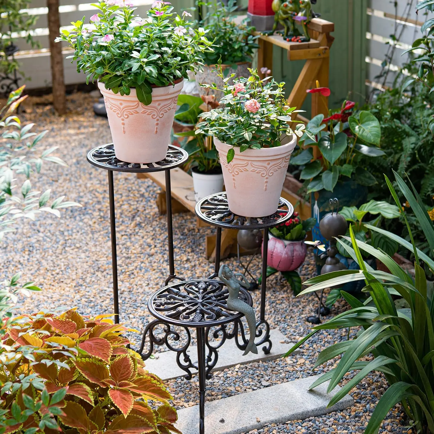 Heavy Duty Cast Iron Plant stand, 3 Tier Foldable Metal Plant Shelf, 24in Tall Vintage Flower Pot Holder Indoor Outdoor Tiered P