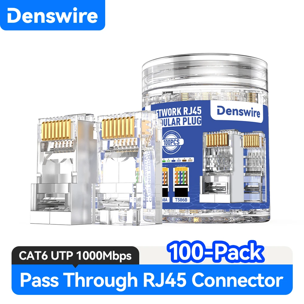 Denswire Lot de 100 connecteurs de passage RJ45 Cat6, fiches modulaires à sertir UTP, 3 broches pour câble solide et toronné, conception 8P8C