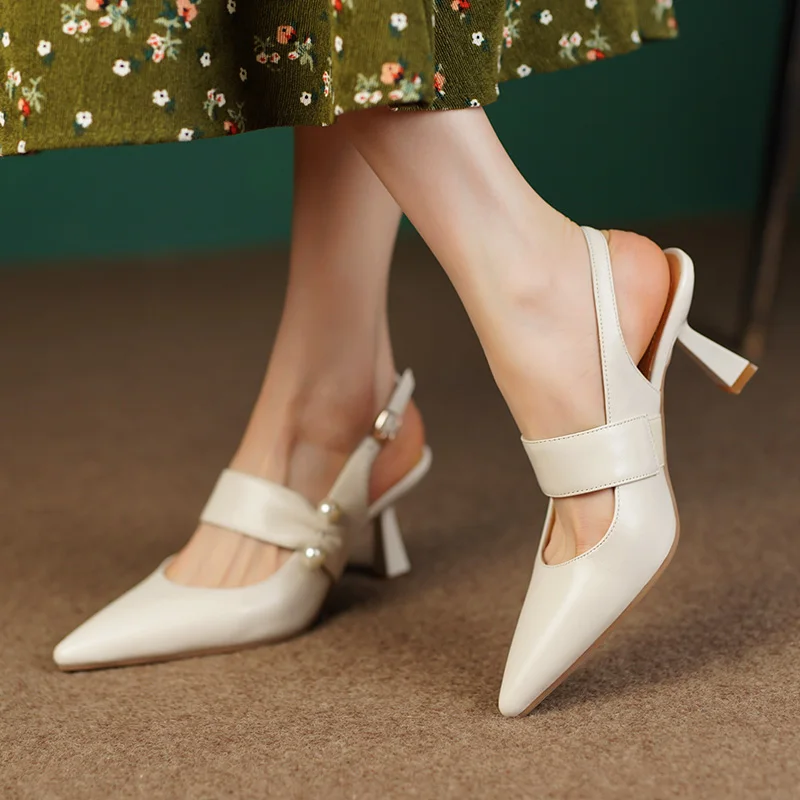 Summer Women Shoes Split Leather Shoes Women Covered Toe Thin Heel Sandals Solid Slingback Pearl Sandals