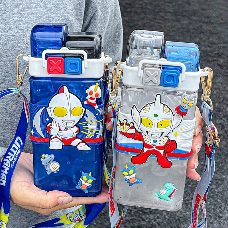 

520ml Cartoon Ultraman Water Bottle Plastic Drinking Cup Cute Creativity with 3D Stickers High Capacity Portable for Kids Gifts